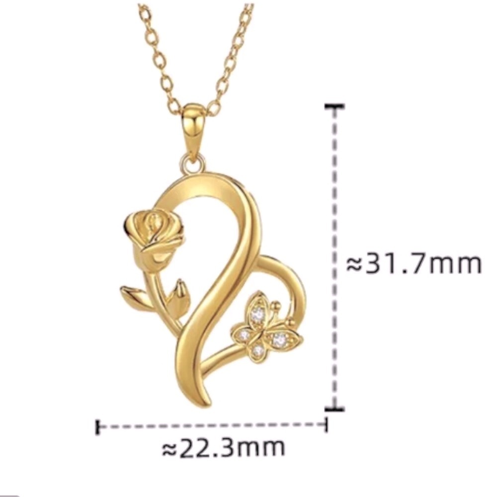 925 Sterling Silver Heart Rose Butterfly Pendant Necklace with Crystal Accents - Picture 10 of 15